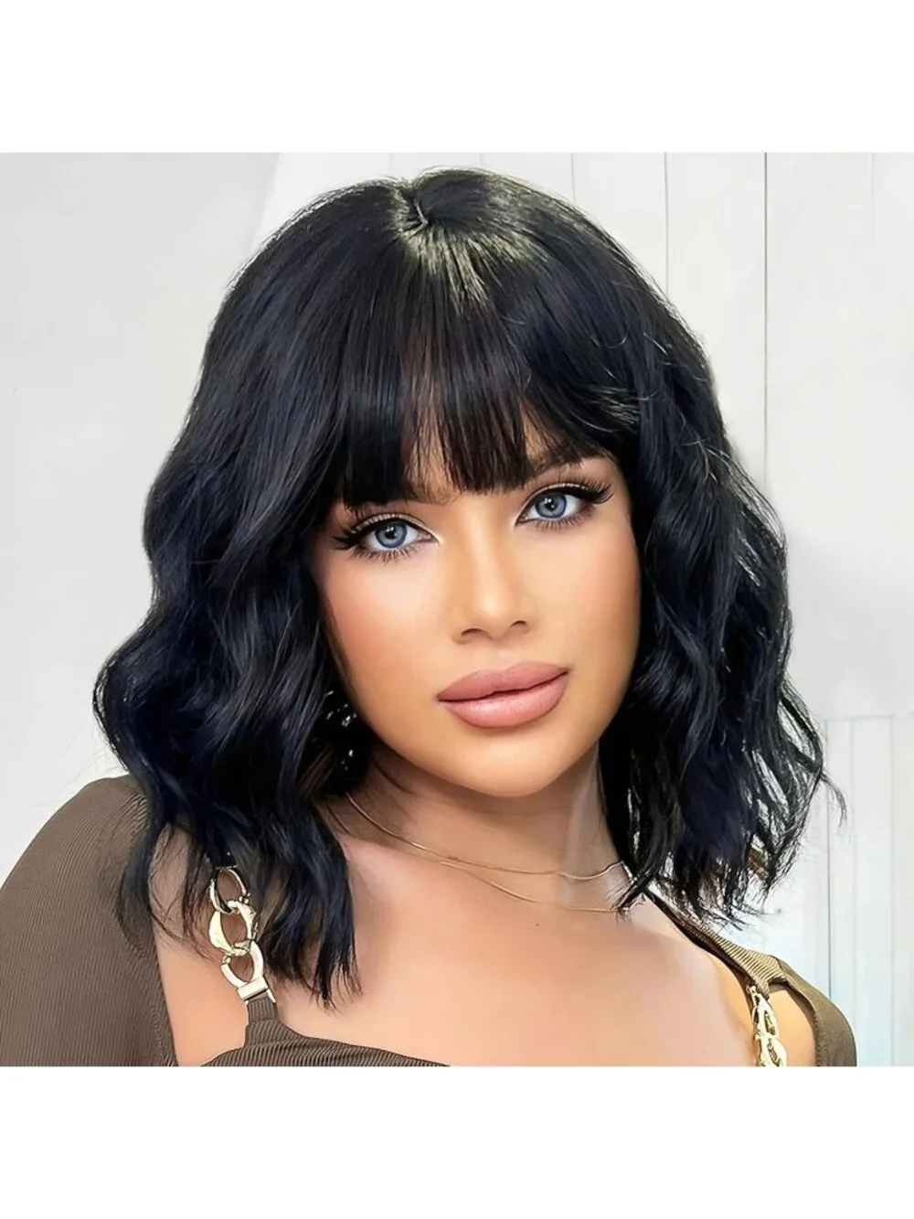 Women's Black 14 Inch Heat Resistant Short Wavy Hair Pastel Bob Wig Bangs